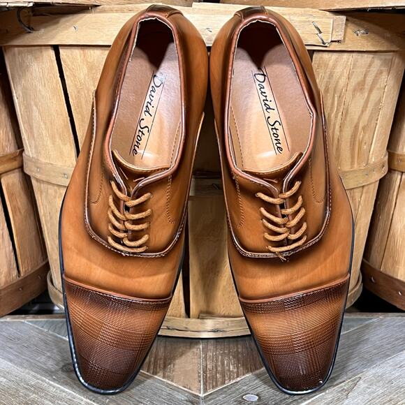 David Stone Burnished Tan Brown Faux Leather Cap Toe Oxfords Mens Size 8 - Picture 9 of 11